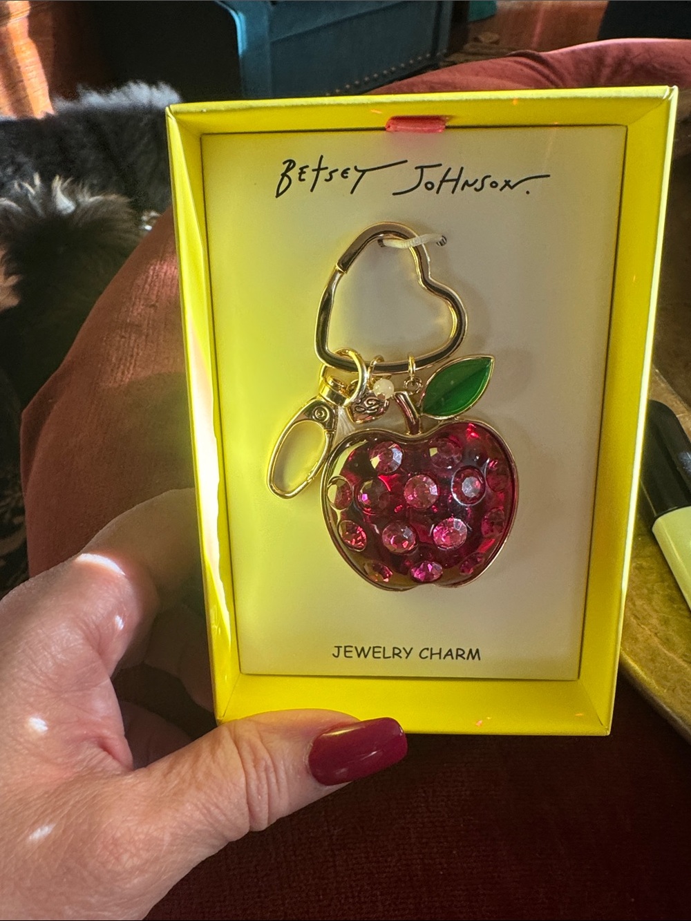 Betsey Johnson Pink Crystal Apple Keychain with Gold Hardware